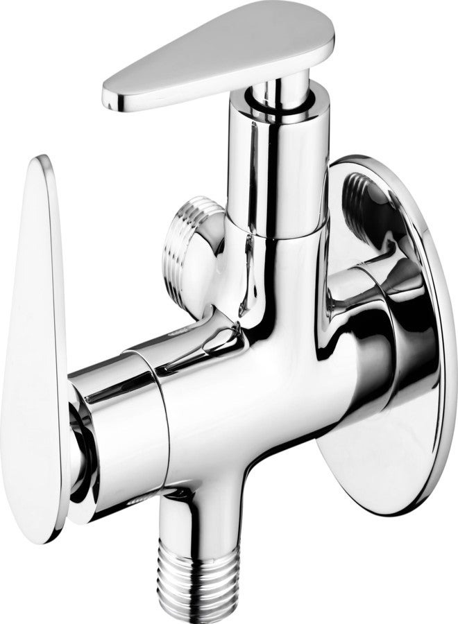 Clay Plus 2 in 1/ Two Way Angle Valve Brass Quarter Turn Chrome Finish Plated Angle Vavle for Pipe Connection in Bathroom with Wall Flange and Teflon Tape